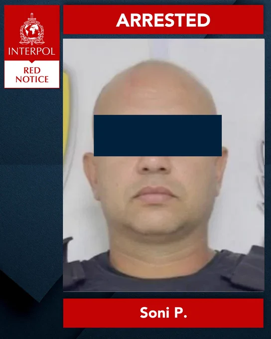 INTERPOL Red Notice poster with the word 'ARRESTED' displayed at the top. Features a photo of an individual named Soni P.