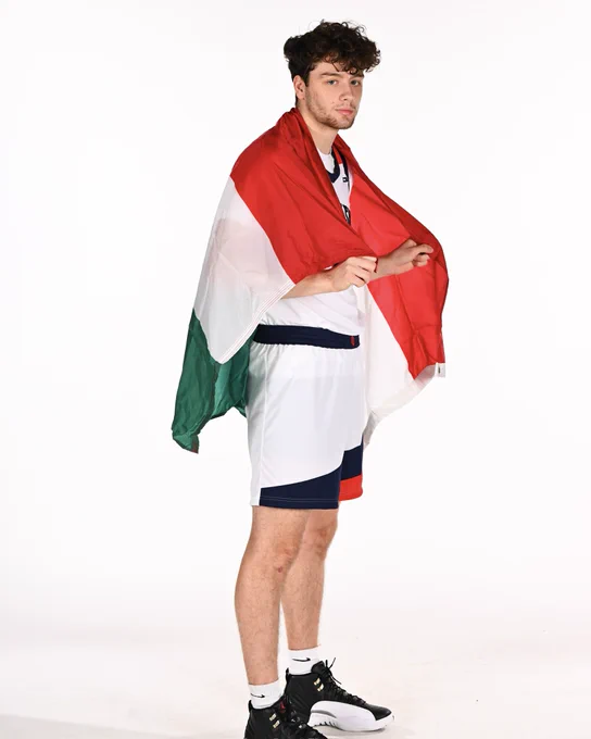 Jake DiMichele on media day with his flag