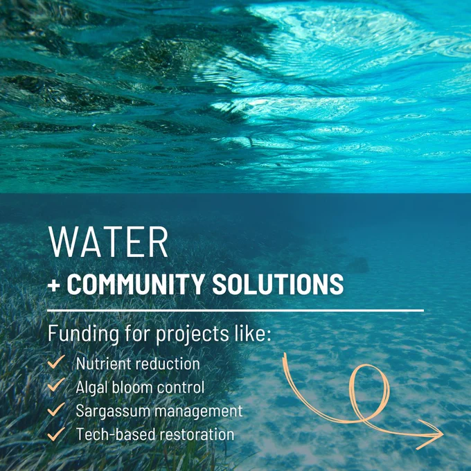 Water   Community Solutions

Funding for projects like:
- Nutrient reduction
- Algal bloom control
- Sargassum management
- Tech-based restoration