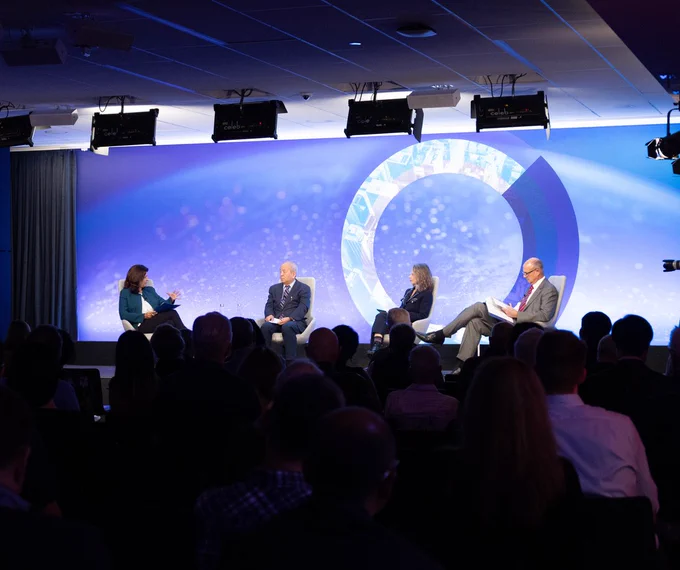 Leslie Vinjamuri, Yawei Liu, Dina Smeltz, and Paul Heer onstage at the Chicago Council Conference Center.