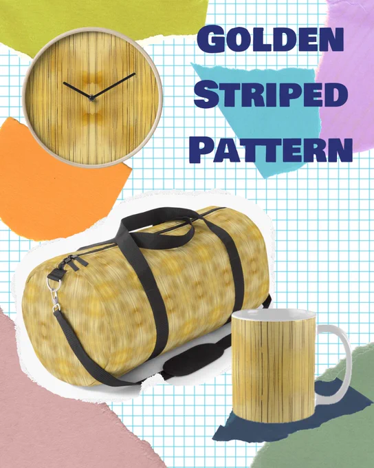 Image showing a golden striped pattern applied to different products. A round clock with thin black hands features the design in warm golden tones. A duffel bag with black straps is fully covered in the same golden stripes, and a white ceramic mug displays vertical golden lines. The background includes colorful paper textures and grid lines with the text Golden Striped Pattern.