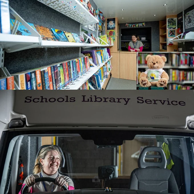 Schools Library service driver and interior of the mobile library.