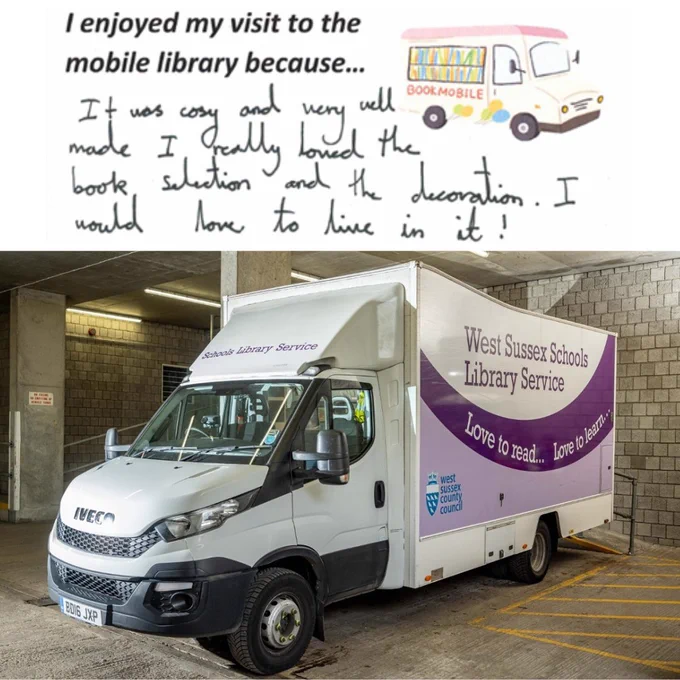 Schools Library Service Mobile Library and some feedback “cosy and very well made. I really loved the book selection and the decoration. I would love to live in it!” 
