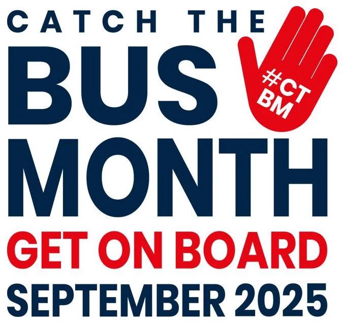 Capitalised text in navy and red that reads ‘Catch the bus month. Get on board. September 2025.’ On the right is a red hand with ‘#CTBM’ in white text. The background behind the text and image is white. 