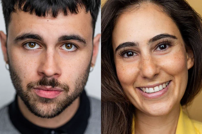 A photo showing two performers adopting neutral expressions for their headshots 