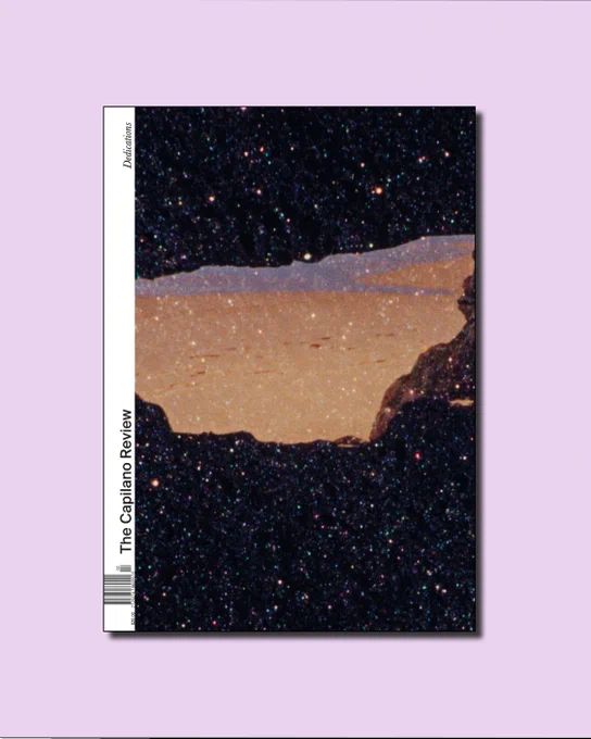 The post background is a soft lilac colour. The image in the centre is of the cover of The Capilano Review's Fall 2025 issue, featuring artwork by Malena Szlam: detail of a still from ""Archipelago of Earthen Bones". The still is covered in starry lights, showing a soft pink and purple sunset through a gap in a cave.