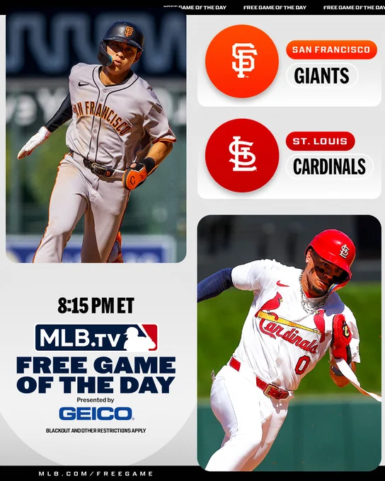 MLB.TV Free Game of the Day
Presented by GEICO
San Francisco Giants vs. St. Louis Cardinals
8:15 PM ET
Pictured: Top left, Jung Hoo Lee rounds the bases. He wears a gray Giants jersey and a black helmet. Bottom right, Masyn Winn celebrates on the field. He wears a white Cardinals jersey and a red helmet.
