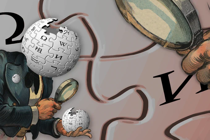 A male figure in an old fashioned suit whose head has been replaced by the Wikipedia logo. He holds a magnifying glass in one hand, trained on another Wikipedia logo held in his other palm. Another, gigantic hand, also holding a magnifying glass, looms into the frame, watching him. On his lapel is a pinback badge with the Wikipedia logo. The background is also the Wikipedia logo.