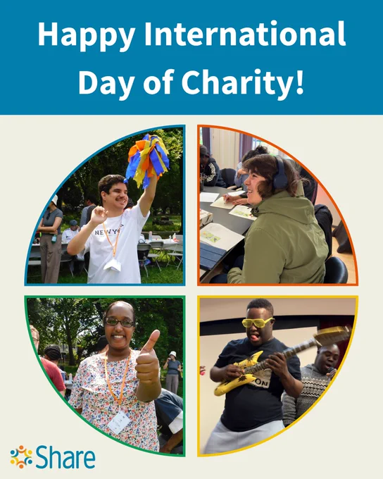 A graphic by Share Community with the text 'Happy International Day of Charity!' At the centre is a circle divided into four sections, each featuring a Share student.

Top left: a smiling student waves a cheerleading pom-pom. Top right: a student smiles while seated at a table. Bottom left: a student gives a thumbs up with a big smile. Bottom right: a student wears funky yellow party glasses and plays an inflatable guitar.