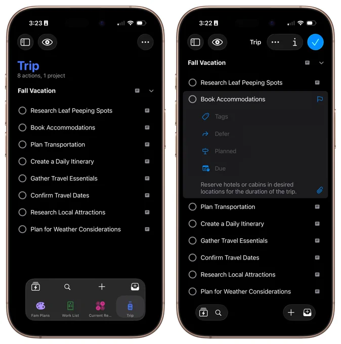 Two screenshots of OmniFocus 4.8 on iPhones running iOS 26.