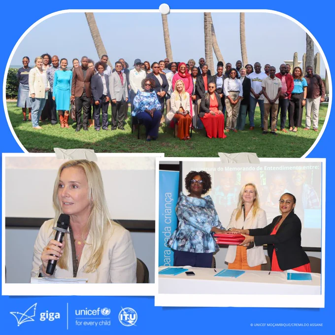 Three photos of the signing of the Giga Memorandum of Understanding by he Ministry of Education and Culture (MEC), the Ministry of Communication and Digital Transformation (MCTD), and UNICEF.