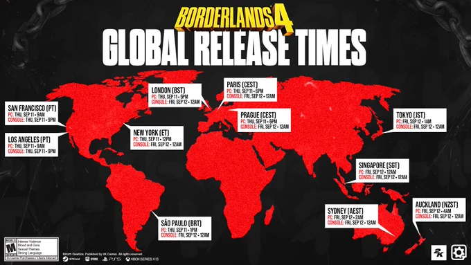 "Borderlands 4 - Global Release Times"