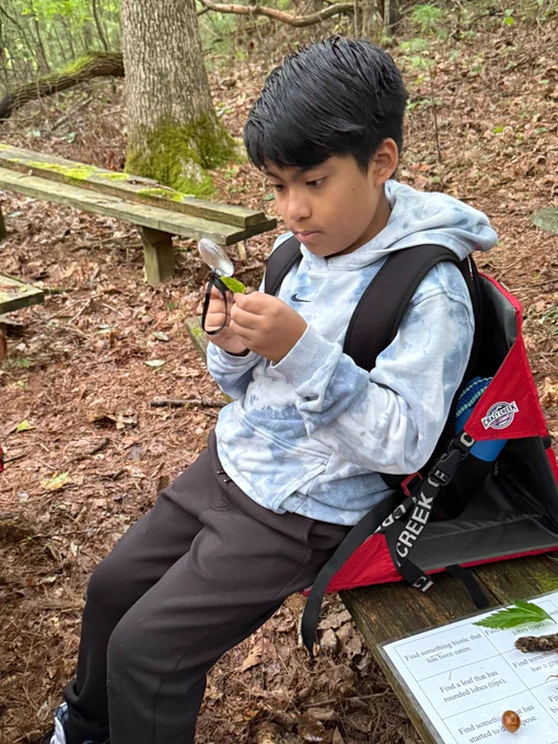 boy in tie dye nike sweatshirt sits on a bench and uses magnifying glass to look at something in his hand. he is in the woods.