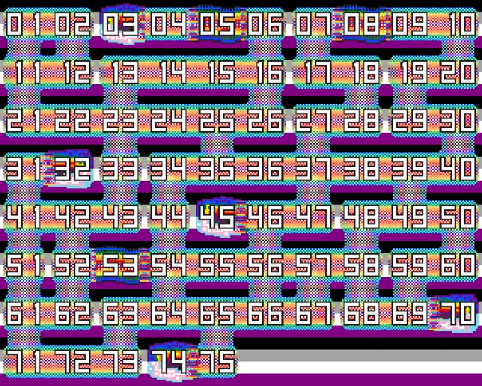 pixel art shows the numerals 1 through 75 over a background of asexual pride flag colors. each number is on a section of a snake shape, with rainbow and transgender pride flag colors and various textures.
