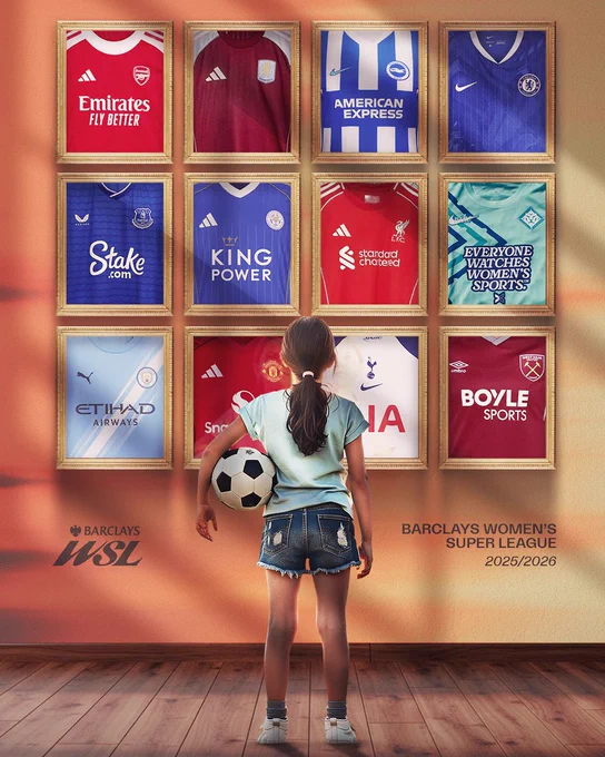 A graphic of a young girl looking at a wall with the shirts of the 12 teams playing in the 2025-26 Barclays WSL.