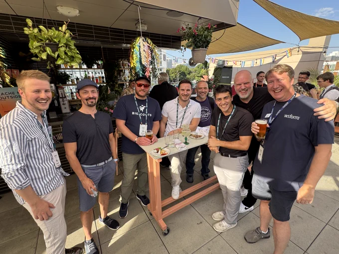 A photo of Jakob Trost (Greyd.Suite), Alain Schlesser (Yoast), Zach Aufort (Bigscoots), Mark Weisbrod (Greyd.Suite), Mark Szymanski and Remkus de Vries (Within WP) at the Bigscoots and Greyd.Suite Cache Me Outside rooftop party.