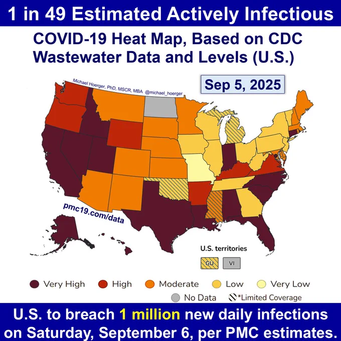 CDC data: Heat map, summarized in post. 
PMC estimates: 1 in 49 actively infectious. We estimate topping 1 million new daily infections tomorrow. 