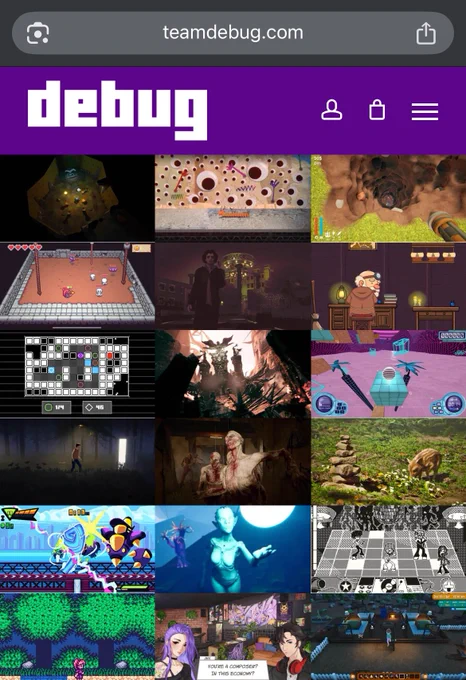 A grid of video game screenshots on the Debug website
