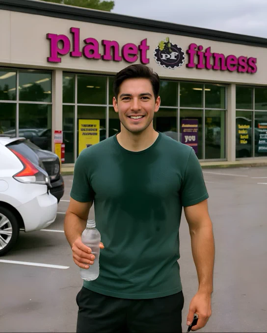 A digital photograph of Michael Allen standing in front of a Planet Fitness in Memphis. He is clean-shaven, wearing a dark green T-shirt with subtle sweat marks and black sports shorts. In one hand he holds a water bottle with condensation, in the other a set of car keys. He looks relaxed and smiling, as if just finishing a light workout, with the gym’s signage visible behind him.

