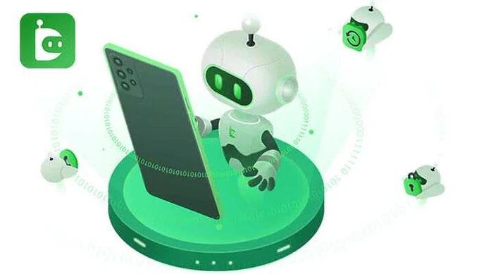 Illustration of DroidKit robot holding a smartphone, symbolizing Android data recovery, unlocking, and system repair features.
