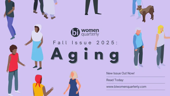 Fall 2025: Aging The cover art for the latest issue of "Bi Women Quarterly." The illustration features diverse bi  people of different ages and ethnicities in a stylized, modern art style. The issue title "Aging" and the text "New Issue Out Now! Read Today: www.biwomenquarterly.com" are also on the cover.

