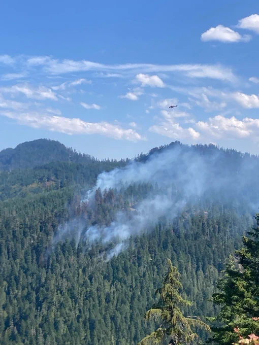 A helicopter flies over smoke in a forested area.