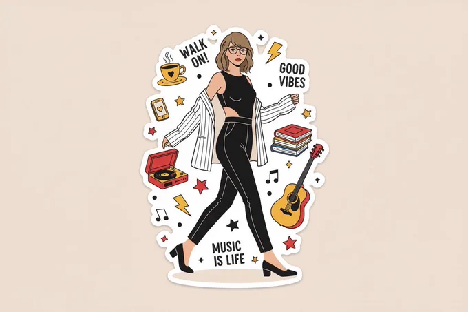 Create a stylized sticker design based on the outfit from the reference image. Keep the character's clothing exactly as depicted, focusing on a bold, clean representation suitable for a sticker. Feature the character in a dynamic, everyday pose—like walking or engaged in a simple activity. Surround the figure with a few essential everyday objects and playful, hand-drawn elements for added interest.

Maintain a warm, whimsical, and slightly retro feel, using a soft beige background with bold accents of red, yellow, and black. Integrate small, decorative graphics, such as stars or music notes, and brief, artistic text phrases for charm. The design should go beyond a simple character and include a cohesive arrangement of accessories and doodles that captures the essence of a full-page composition in a compact, visually appealing sticker format.