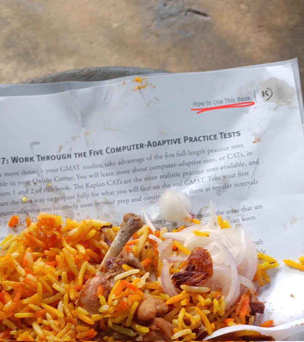 How to use a book, vendor selling biryani using paper.