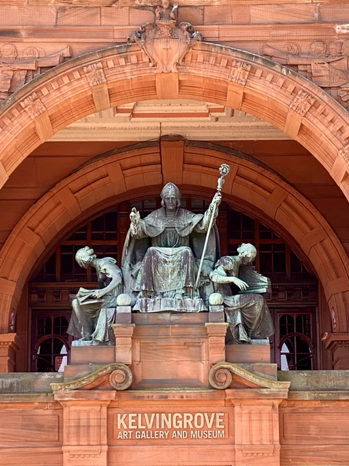 This is the statue of St Mungo above the northern entrance to the Kelvingrove Art Gallery and Museum in Glasgow.