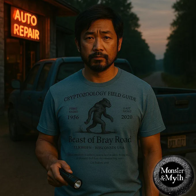 A man stands in front of a truck parked outside an old auto repair shop at dusk. He wears a soft blue Cryptozoology Field Guide t-shirt featuring a woodcut-style image of the Beast of Bray Road — a werewolf-like creature mid-stride. The shirt’s text reads: “First sight: 1956, Last sight: 2020 — Beast of Bray Road — Elkhorn, Wisconsin USA.” The man holds a flashlight, and the mood evokes mystery and danger on a rural road. The Monster & Myth logo is shown in the bottom corner.
