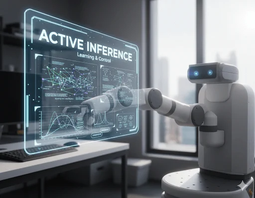 A sleek, futuristic robot with glowing blue eyes extends its arm towards a holographic screen that clearly displays the words "Active Inference." The robot's posture suggests a learning or processing state, representing the innovative AI technology by VERSES that enables agents to understand and interact with their environment without pre-training.