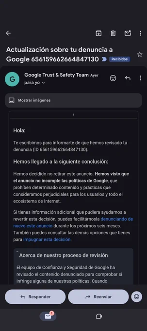 Captura del correo enviado por Google en el qué dicen que un anuncio falso generado por IA y un phising de elPais no es motivo suficiente para eliminar el anuncio.