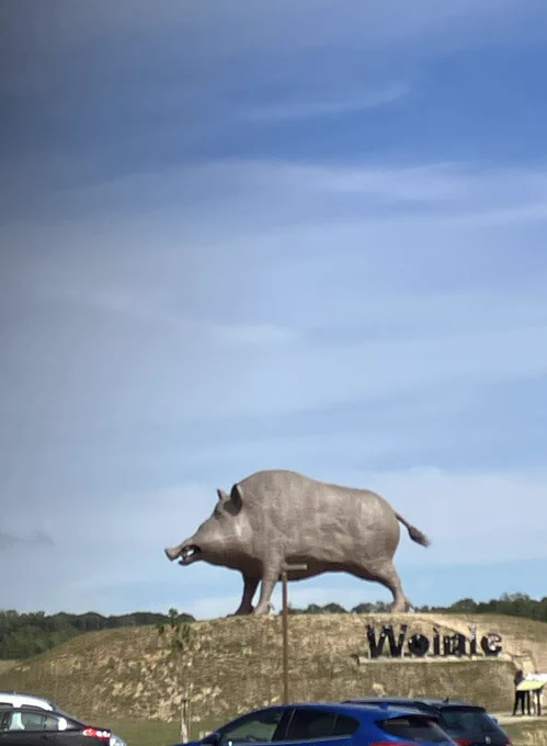an oversized statue of a wild pig on an elevated area