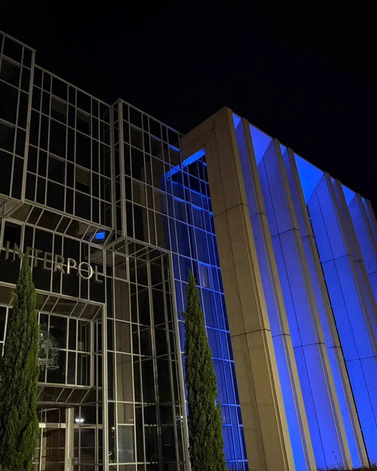 INTERPOL’s headquarters in Lyon France lit up in blue to celebrate the International Day of Police Cooperation