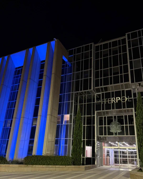 INTERPOL’s headquarters in Lyon France lit up in blue to celebrate the International Day of Police Cooperation