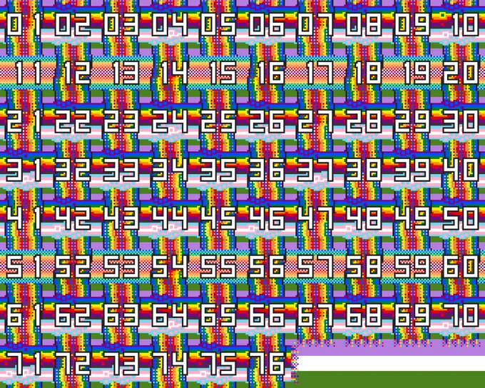 pixel art shows the numerals 1 through 76 over a background of genderqueer pride flag colors. each number is on a section of a ribbon shape creating a woven appearance, with rainbow and transgender pride flag colors and various textures.