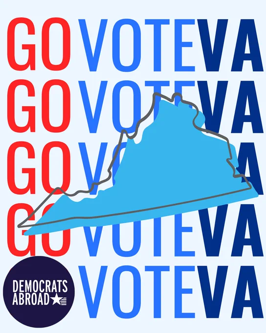 A graphic on a white background that has “Go Vote VA” in red, white, and blue repeated on 5 lines and the shape of Virginia in blue at the center. The Democrats Abroad logo is at the bottom.