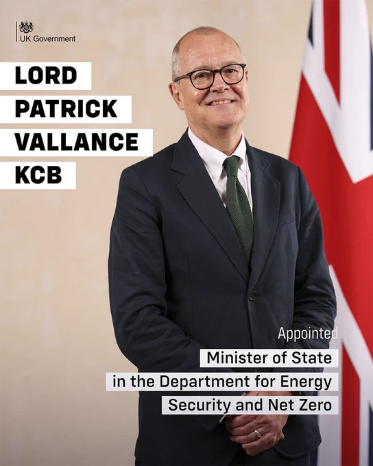 Lord Patrick Vallance KCB. Appointed Minister of State in the Department for Energy Security and Net Zero