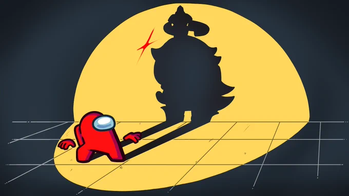 A Red Crewmate stands in the darkly lit Skeld. A bright yellow spotlight shines on them to reveal a gigantic shadow of a mystery cosmetic with the Red Shine of an Impostor behind them. 