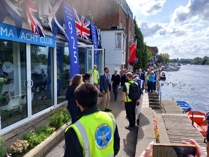 The Duke arriving at Minima from the Thames riverside walkway. Draped banners celebrate the coronation of King Athelstan in AD 925. 