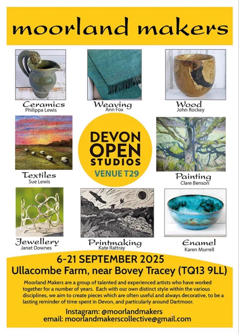 A poster for an art and craft exhibition at ullacombe on Dartmoor. 6th to 21st September.