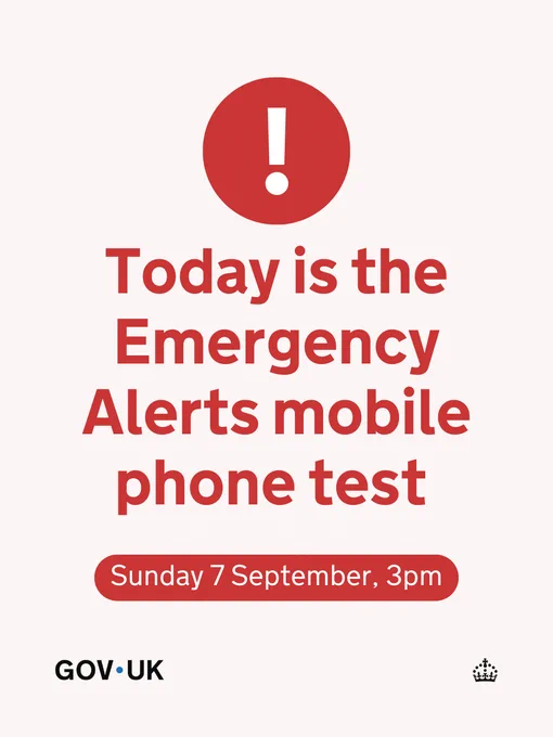 Graphic with an of white background and an exclamation mark in a red circle with text reading "Today is the Emergency Alerts mobile phone test Sunday, 7 September, 3pm."