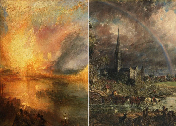 JMW Turner (detail) The Burning of the Houses of Lords and Commons, 1834 (Philadelphia Museum of Art)
John Constable, (detail) Salisbury Cathedral from the Meadows, 1831 (Tate)
