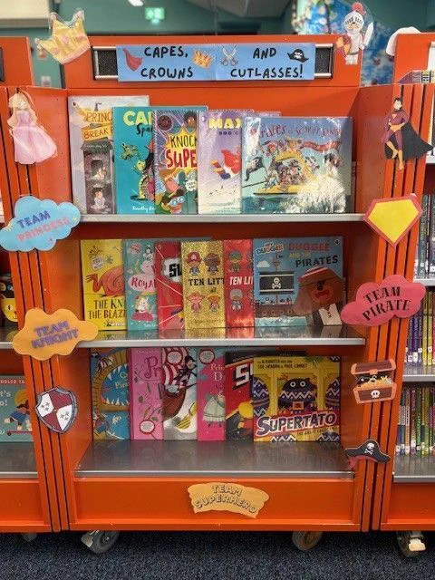 Children’s book display with themes: princesses, knights, pirates, and superheroes. Colorful signs and shelves showcase related titles in a library setting.