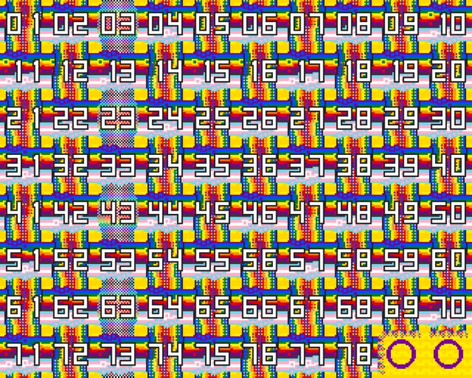 pixel art shows the numerals 1 through 78 over a background of intersex pride flag colors. each number is on a section of a ribbon shape creating a woven appearance, with rainbow and transgender pride flag colors and various textures.