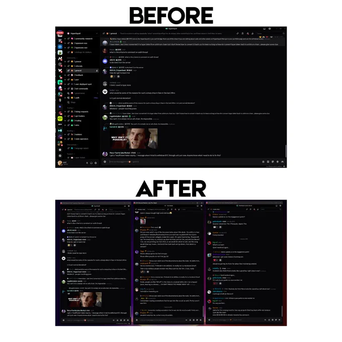 Side-by-side Discord comparison: “Before” shows default UI with server and channel sidebars; “After (DLite)” shows three tidy popup windows with sidebars hidden and Read-Only enabled for a wider, cleaner chat.