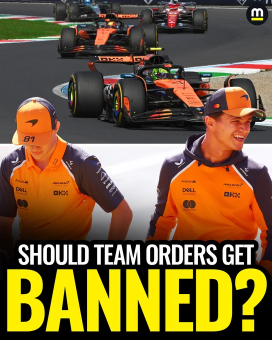 Oscar Piastri was ordered to let Lando Norris pass him back for second in the Italian Grand Prix on September 7.

Text reads: Should team orders [in Formula 1] get banned?