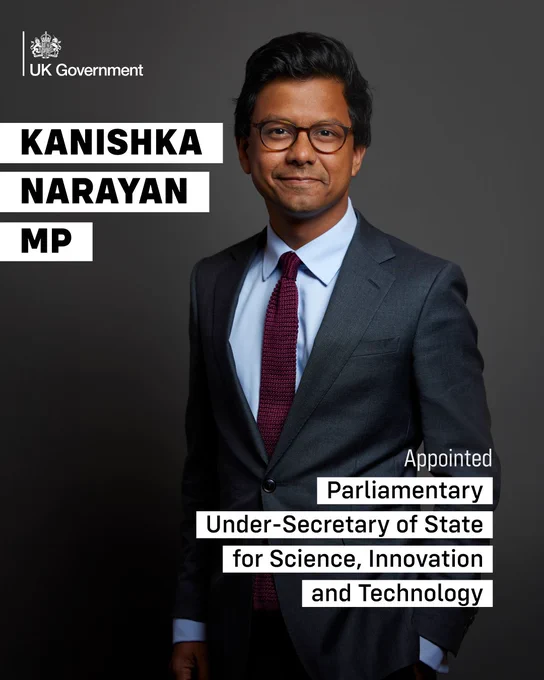 Official photograph of Kanishka, MP appointed as the Under-Secretary of State for Science and Technology, featuring the UK Government logo.