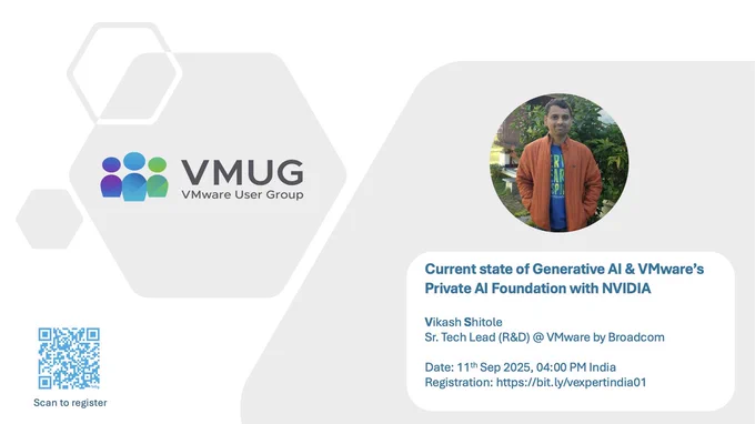 About Speaker: Vikas Shitole is a Senior Tech Lead at VMware by Broadcom, VCF division, India, where he leads system test efforts—including scale, stress, and resiliency testing—and drives product quality across VMware Cloud Foundation (VCF), Broadcom’s flagship private cloud platform.
He is an AI and Kubernetes enthusiast, and is passionate about VMware customers and automation around vSphere and VCF. Vikas has been honored as a vExpert for 12 consecutive years (2014–2025) for his sustained technical contributions and community leadership.