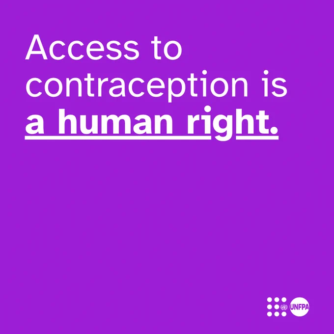 A purple card with white text which reads "Access to contraception is a human right." The white UNFPA logo is at the bottom.